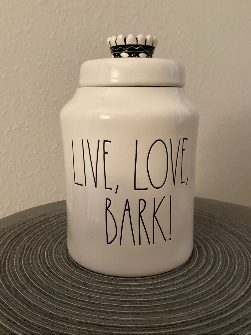 Rae Dunn Ceramic Dog Treat Jar - "LIVE, LOVE, BARK!" - White NWOT